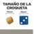 Tamaño de la croqueta: comparación visual entre una croqueta de 10 mm y un dado azul de 16 mm. Texto visible: 'TAMAÑO DE LA CROQUETA', '10 mm', '16 mm'.