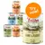 Purizon tins for adult dogs: Chicken Fillet with Game & Rabbit, Black Angus & Turkey, Salmon, Lamb & Salmon. Large orange badge reads Try now! 400g size visible on all tins.