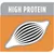 Текст на английски: HIGH PROTEIN, с илюстрация на стилизирано мускулно влакно. Визуален акцент върху високото съдържание на протеин.