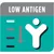 Low antigen feature highlighted with downward arrow and antibody symbol, indicating reduced antigen content.