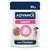 ADVANCE Veterinary Diets Urinary with Chicken, 85g pouch. Text: Helps reduce risk of common crystal formation. Image shows cat and chunks in gravy.