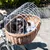 Hund i cykelkorg av flätad korg med vit metallbur, monterad på styret av en vit cykel. Korgen har blåvit dyna och är anpassad för små hundar.
