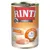 RINTI Sensible -koiranruokapurkki, näkyvissä tekstit: 100 % Huhn im Fleischanteil, nur 1* tierisches Protein, +Reis, GLUTENFREI. Kuvassa kanaa ja riisiä. Saksan- ja suomenkielistä tekstiä.