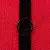 Close-up of a black fabric strap with a metal D-ring attached to red textured material, showing fastening detail for securing accessories.