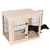 Niche ou cage pour chien en bois clair et métal noir, porte ouverte, chien de petite taille à moitié sorti.