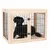Cage pour chien en bois clair et métal noir, porte à double loquet, chien noir assis à l'intérieur. Poignées latérales visibles sur la cage.