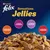 Purina Felix Sensations Jellies z wariantami: kaczka i szpinak, jagnięcina i dziczyzna, kurczak i marchew, wołowina i pomidor. Kawałki mięsa widoczne w galarecie.