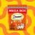 Boîte Dreamies MEGA BOX 350g, texte visible : mit leckerem Huhn, illustration de croquettes, poule et chat. Texte en allemand.