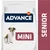 Sac de croquettes avec texte visible : ADVANCE affinity, MINI, SENIOR. Image d’un petit chien assis sur l’emballage. Sac de croquettes avec texte visible : ADVANCE affinity, MINI, SENIOR. Image d’un petit chien assis sur l’emballage.