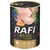 Boîte de nourriture pour chien adulte RAFI, grain free, with quail, z przepiórką. Ingrédients visibles : caille crue, myrtilles, herbes, canneberges. Marque Dolina Noteci.