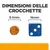 Dimensioni delle crocchette: diametro 9,5 mm a confronto con un dado blu da 16 mm. Testo visibile: 'DIMENSIONI DELLE CROCCHETTE', '9.5 mm', '16 mm'.