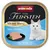 Animonda Vom Feinsten Mildes Menü, turkey + trout. Serving suggestion with white cat and food shown on black plate.