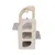 Wooden cat furniture with three levels, grey padded surfaces and integrated toy on a string.
