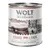 Wolf of Wilderness Strong Lands -purkki, 100 % grain-free, porsasta, villimarjoja, juuria ja villiyrttejä. Paino 800 g. Englanninkielinen tuotekuvaus näkyvissä etiketissä.
