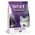 Wolf of Wilderness Elements Rough Storms, single animal protein with alfalfa lucerne, 1kg bag. Product packaging shows lightning and wolf ears.