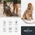 Two dogs wearing harnesses, one outdoors on a lead beside a person, the other sitting indoors. Visible text: Premium quality, Soft touch, Easy wear, Lightweight, Full range of motion, Made with love. NOMAD TALES München.