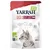 Yarrah BIO Fillets in Sauce with Beef -kissanruoka, 85 g. Pakkauksessa harmaa raidallinen kissa, luomusertifikaatit ja tekstiä englanniksi: 'Fillets in sauce with beef'.