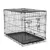 Cage pour animal en métal noir avec plateau amovible en plastique, deux portes à loquet visibles sur le devant et le côté.