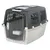 Plastic pet transport box with metal front door, side ventilation panels, and secure locking clips. Suitable for carrying animals safely during travel.