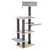 Cat tree with multiple levels, sisal-wrapped posts, wooden and fabric resting platforms, and a top cave with play ball.