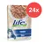 Life Cat Natural Tonno, tuńczyk w saszetkach. Opakowanie pokazuje zdjęcie produktu i informację o 24‑pakiecie. Life Cat Natural Tonno, tuńczyk w saszetkach. Opakowanie pokazuje zdjęcie produktu i informację o 24‑pakiecie.