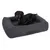 Dog lying on a dark grey dog bed with padded edges and a black lying surface.