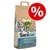 Sanicat Recycled Cellulose arena para gatos, 10L, compostable, alta absorción, suave para las patas. Símbolo de descuento rojo con signo de porcentaje visible.