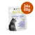 Pachet 24x50g almo nature Hydration Help HFC, lapte de capră pentru pisici. Text vizibil: 'GOAT MILK', 'INGREDIENTS ORIGINALLY FIT FOR HUMAN CONSUMPTION, NOW CAT FOOD'.