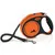 Laisse enrouleur Flexi orange et noire avec poignée, mousqueton métallique, texte visible : « flexi », silhouette de chien, « MADE IN GERMANY »