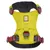 Ruffwear Hundegeschirr in Gelb mit roten Gurten und Metallring. Logo mit Hundebild sichtbar.