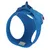Blue dog harness with adjustable straps, sturdy buckle, and reflective details. Label with manufacturer information visible.