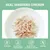 REAL SHREDDED CHICKEN, NO GLUTEN, NO ARTIFICIAL PRESERVATIVE, NO ARTIFICIAL FLAVORS OR COLORS, NON GMO (Engelstalige tekst op afbeelding met kipreepjes in een kom)
