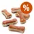 Snack em forma de osso com camada exterior castanha e interior claro, conjunto de sete unidades. Círculo laranja com símbolo de percentagem branco indica promoção ou desconto.