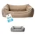 Zwei rechteckige Haustierbetten in Beige und Grau, Anhänger mit Aufschrift: Ergonomisch & gemütlich. Zwei rechteckige Haustierbetten in Beige und Grau, Anhänger mit Aufschrift: Ergonomisch & gemütlich.