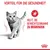 Vorteil für die Gesundheit: Hilft, die Gewichtszunahme zu begrenzen. Symbol mit Kalorienanzeige und Bild einer Katze. Royal Canin Logo unten rechts.