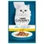 Purina Gourmet Perle Fine Strips with chicken. Image of tender chicken on plate, packaging shows white cat.