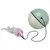 Toy consisting of a green and white ball with fishbone pattern and an attached grey fabric mouse with pink details and feather.