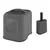 Grey enclosed cat litter box with transparent door and matching cleaning scoop holder.