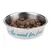 Stainless steel food bowl with the inscription 'In the mood for food', filled with brown, ring-shaped dry food pieces.