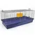 Small animal cage with blue plastic base, metal grid and yellow food bowl. Suitable for small animals.