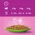 Feeding guide for cats: 3 kg 3–3½ pouches, 4 kg 3½–4 pouches, 5 kg 4–4½ pouches per day. One pouch equals 16 g dry food. Image of wet cat food on a green plate.