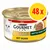 Lata de Purina Gourmet Gold con texto visible: NEU, SAFTIG-FEINE STREIFEN, MIT HUHN. Imagen de un gato blanco y trozos de carne. Círculo amarillo con 48 x en rojo.