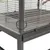 Detailansicht eines Käfigs mit Metall-Gitterwänden und Plexiglas-Elementen, inklusive stabiler Verschlüsse und einer herausziehbaren Bodenwanne.