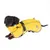 Cane con impermeabile giallo, strisce rifrangenti e motivo a razzo. Mantello con cinturini e fibbie regolabili.