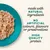 Text states: made with natural ingredients, no artificial colours, flavours or preservatives, high quality protein. Image shows shredded food on a blue plate.
