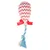 Jouet pour animal en tissu blanc à motifs zigzag rouges, ruban rouge et corde torsadée bleu clair et blanche avec franges.