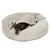 Hond op rond hondenbed met beige ribstof en zachte fleece, deels bedekt met bijpassende deken. Materiaal: stof en fleece zichtbaar.