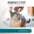PERFECT FIT, SUPPORTS WHOLE BODY HEALTH, STERILE 1+ visibles sur l’image avec un chat adulte caressé. Texte en anglais sauf 'STERILE 1+'.
