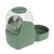 Green food and water dispenser with transparent container and two bowls, suitable for pets.