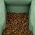 Close-up of brown dry food pieces in a green feeder.
